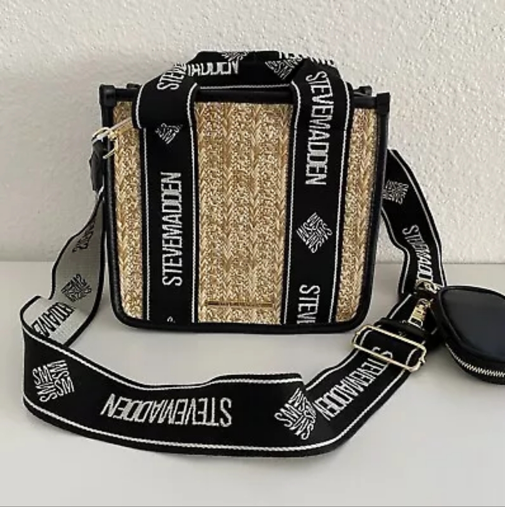 STEVE MADDEN STRAW BWEBBER CROSSBODY BAG NEW WITH TAGS W/ POD CASE - BLK/TAN/GLD